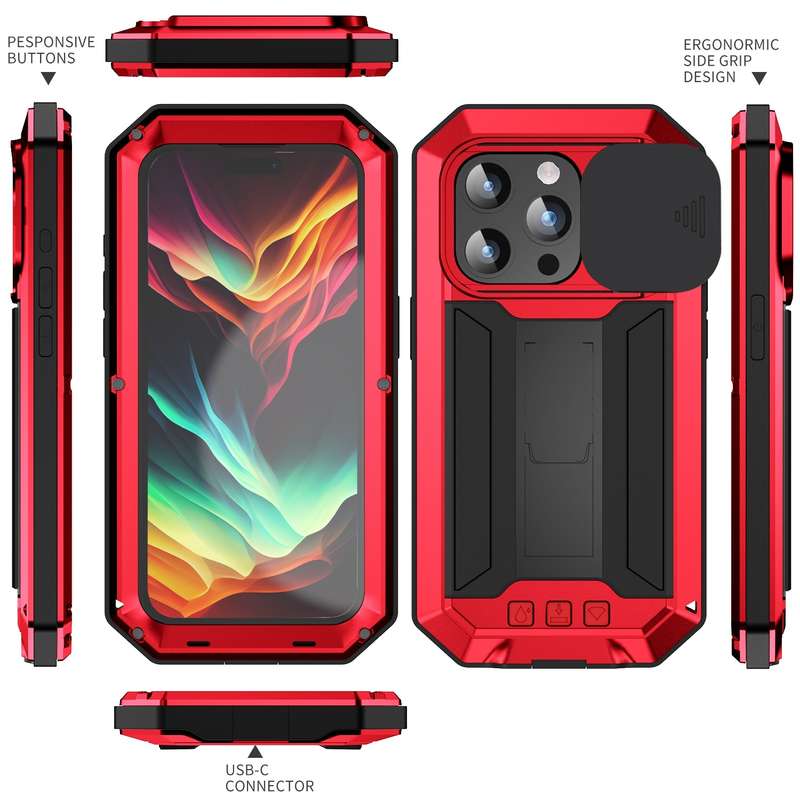 For iPhone 15 Pro Max R-JUST Sliding Camera IP54 Life Waterproof Holder Phone Case(Silver)