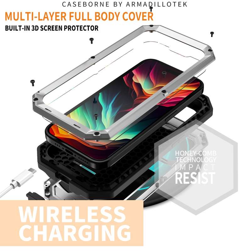 For iPhone 15 Pro Max R-JUST Sliding Camera IP54 Life Waterproof Holder Phone Case(Silver)