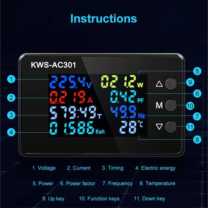 KWS-AC301-20A 50-300V AC Digital Current Voltmeter(Black)