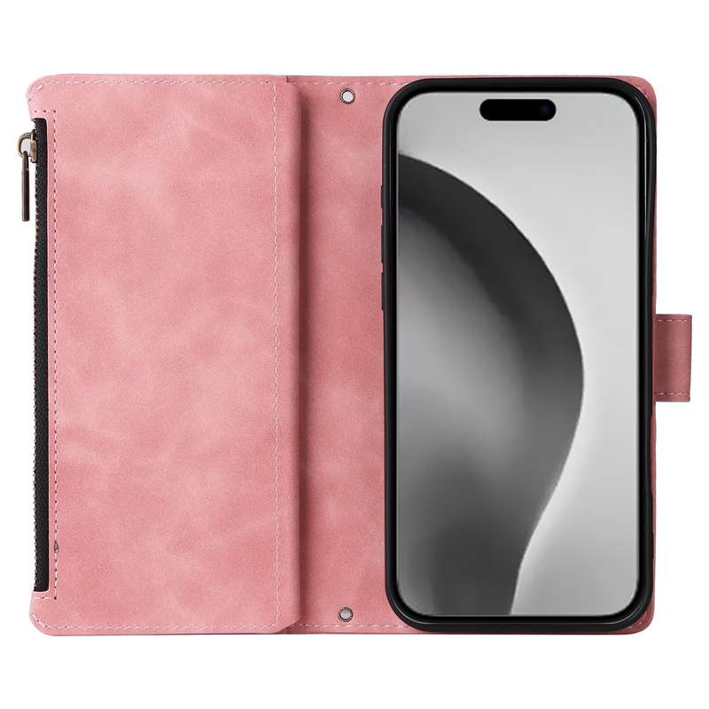 For iPhone 16 Pro Max Crossbody Multi-card Slot Wallet Zipper Leather Phone Case(Pink)