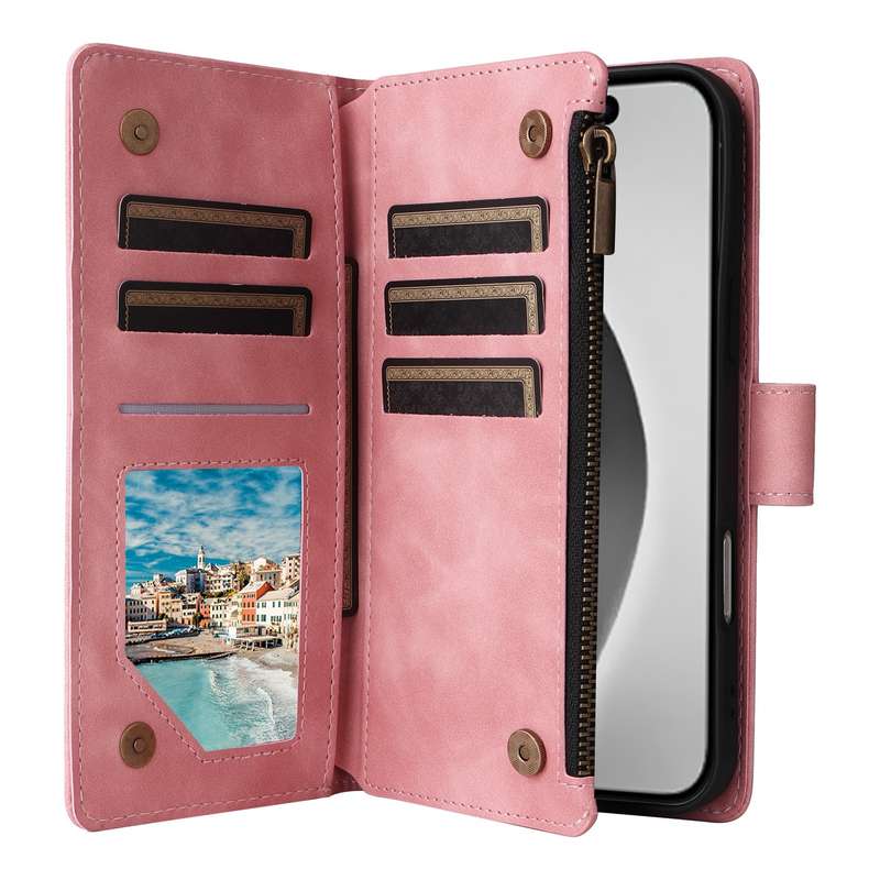 For iPhone 16 Pro Max Crossbody Multi-card Slot Wallet Zipper Leather Phone Case(Pink)