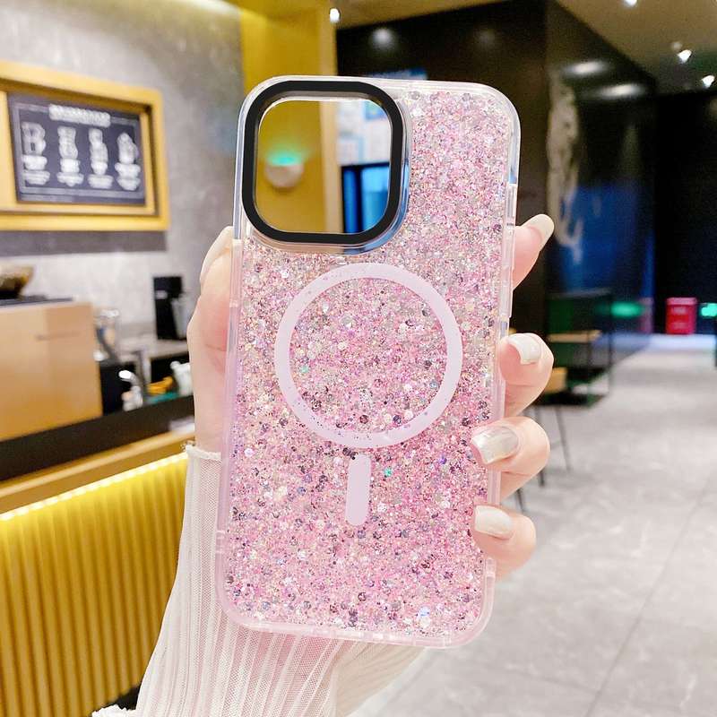 For iPhone 15 Pro Max Gold Armor MagSafe Glitter Epoxy Phone Case(Pink)