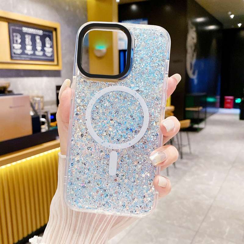 For iPhone 15 Pro Max Gold Armor MagSafe Glitter Epoxy Phone Case(Pink)