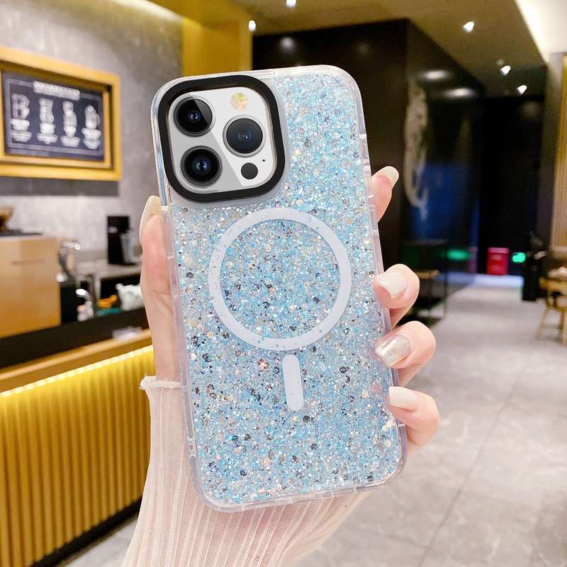 For iPhone 15 Pro Max Gold Armor MagSafe Glitter Epoxy Phone Case(Pink)