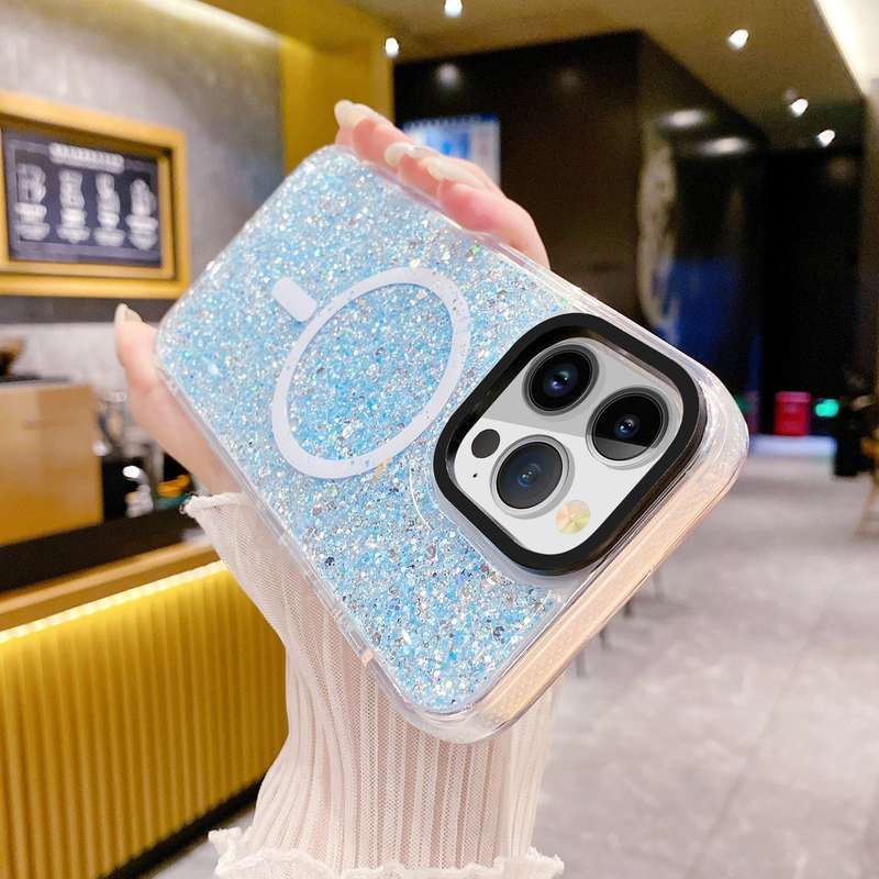 For iPhone 15 Pro Max Gold Armor MagSafe Glitter Epoxy Phone Case(Pink)