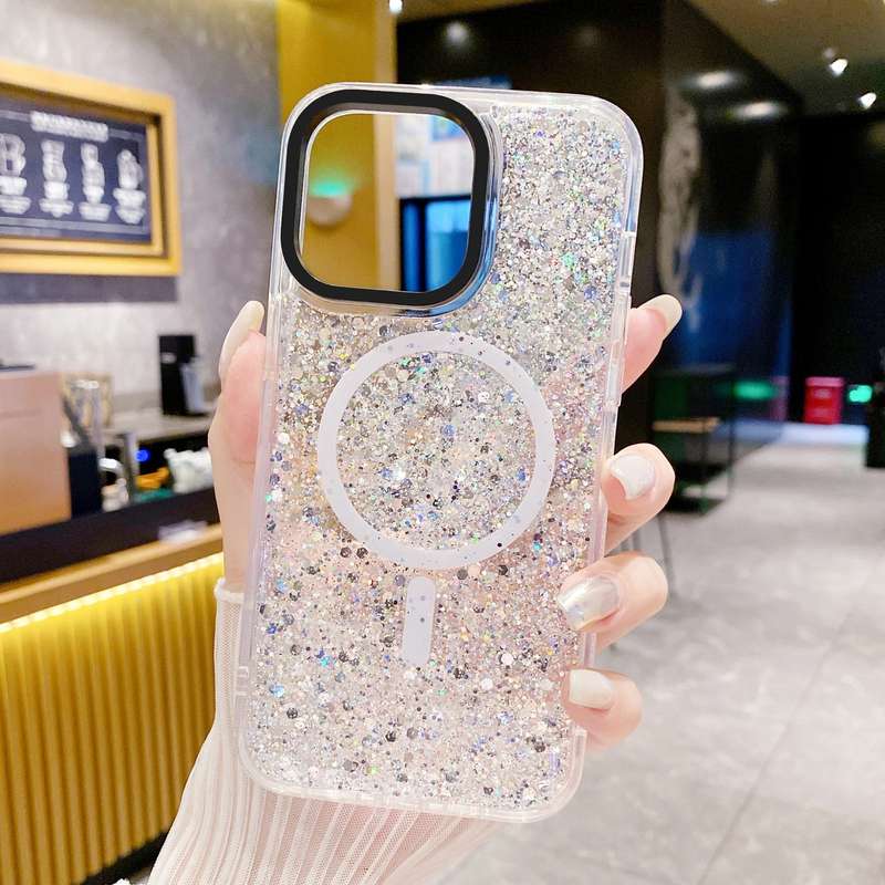 For iPhone 15 Pro Max Gold Armor MagSafe Glitter Epoxy Phone Case(Pink)