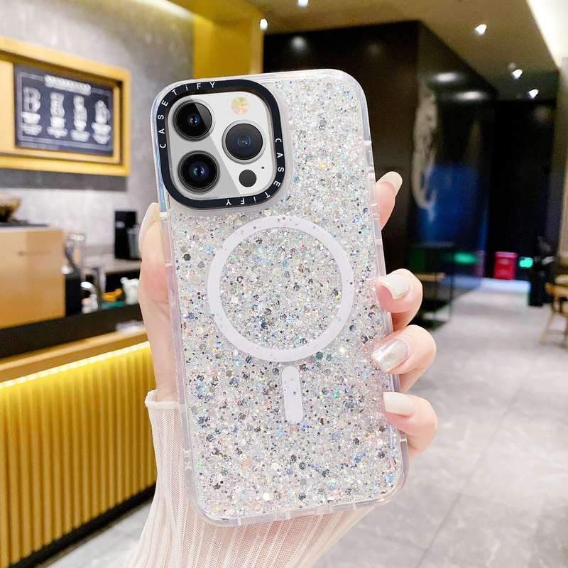 For iPhone 15 Pro Max Gold Armor MagSafe Glitter Epoxy Phone Case(Pink)