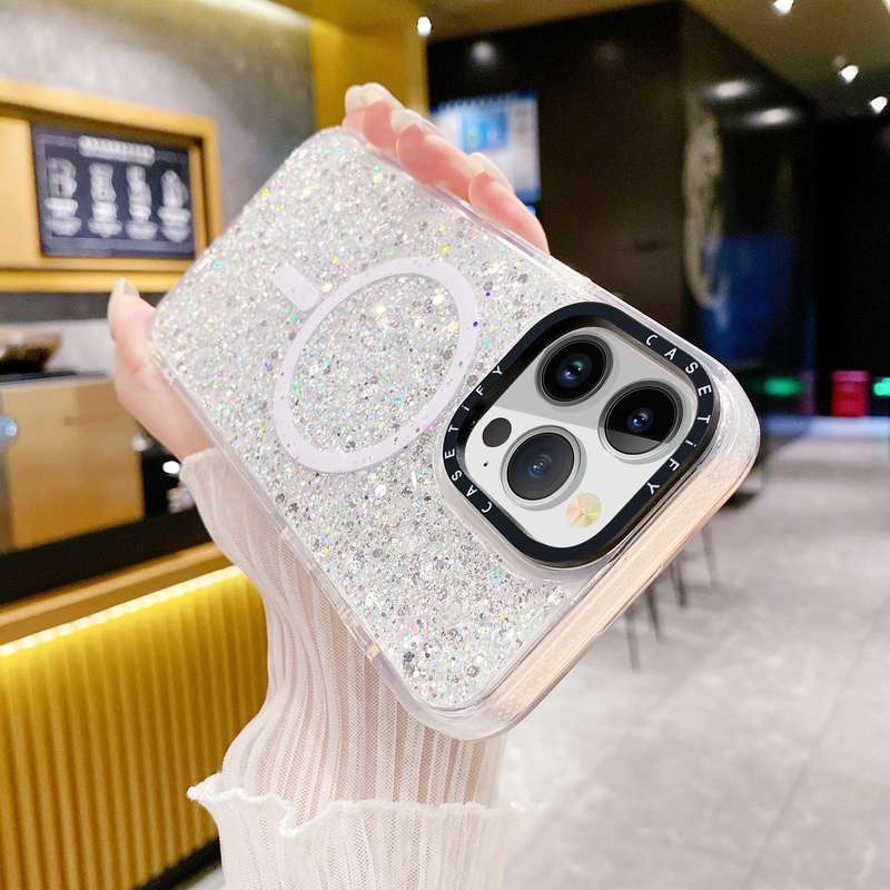 For iPhone 15 Pro Max Gold Armor MagSafe Glitter Epoxy Phone Case(Pink)