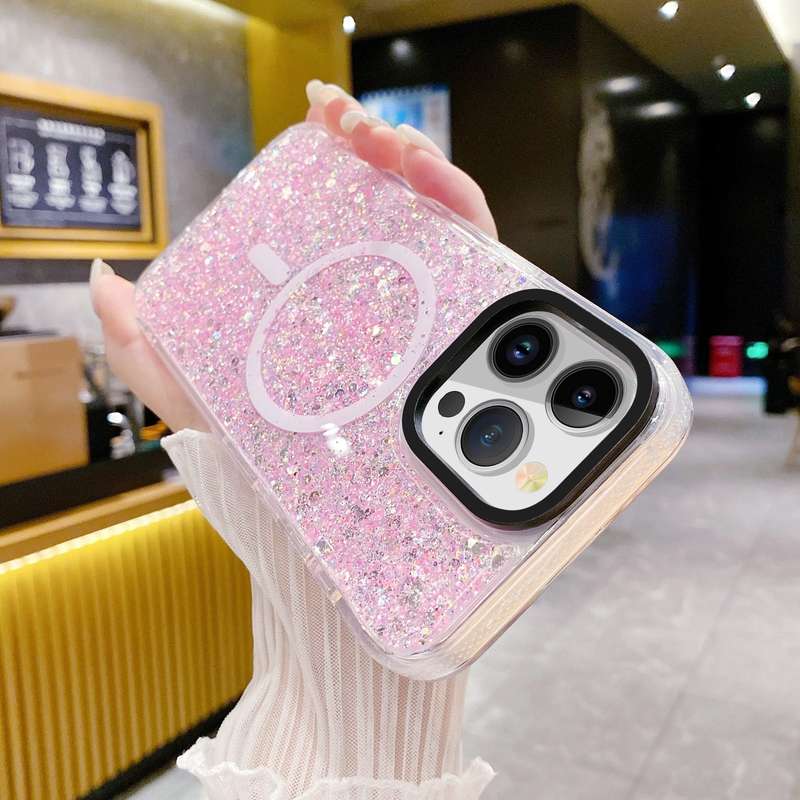 For iPhone 15 Pro Gold Armor MagSafe Glitter Epoxy Phone Case(White)