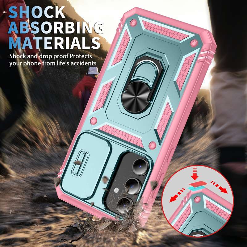 For Samsung Galaxy S23 FE 5G Sliding Camshield TPU + PC Phone Case with Holder(Pink+Rose Red)