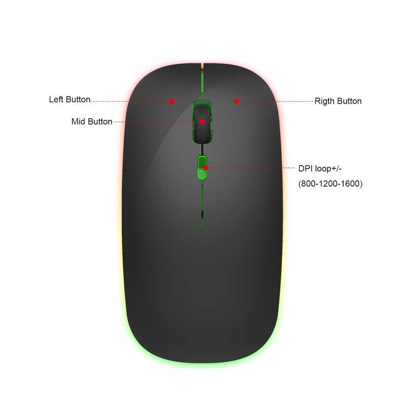 HXSJ M40 2.4GHZ 800,1200,1600dpi Third Gear Adjustment Colorful Wireless Mouse USB Rechargeable(Silv