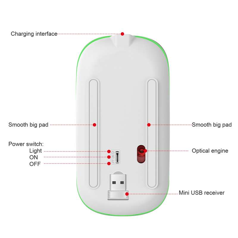 HXSJ M40 2.4GHZ 800,1200,1600dpi Third Gear Adjustment Colorful Wireless Mouse USB Rechargeable(Silv