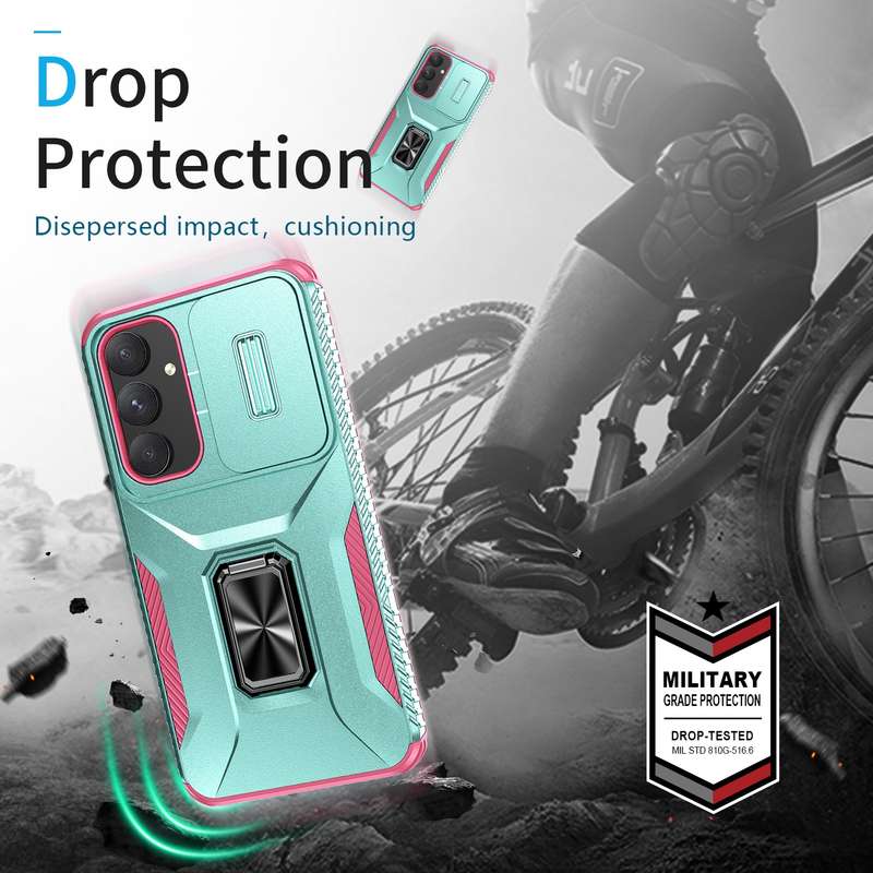 For Samsung Galaxy A55 5G Sliding Camshield Holder Phone Case(Grey Green + Pink)