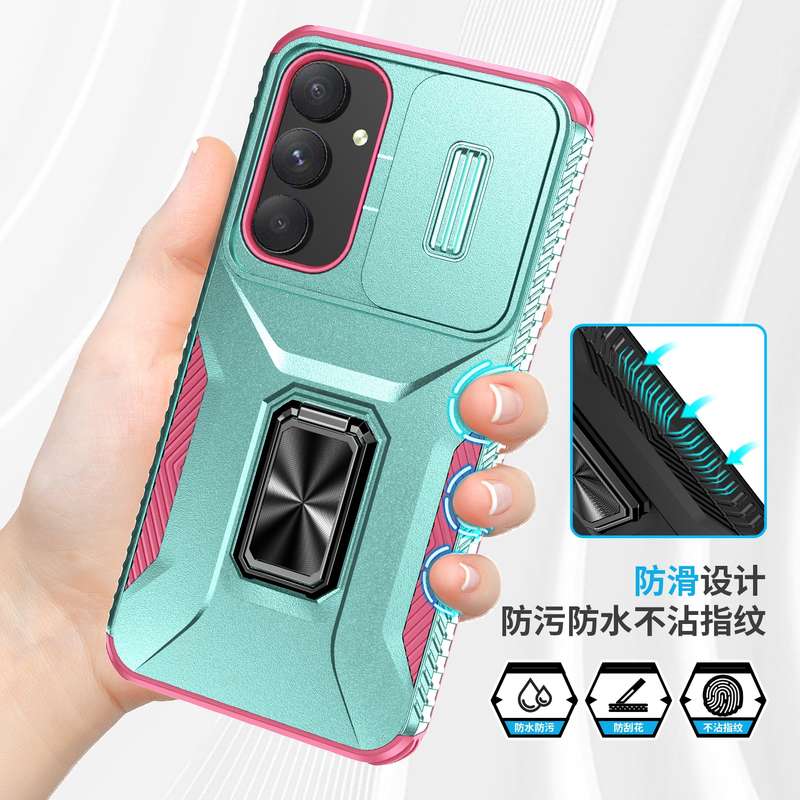 For Samsung Galaxy A55 5G Sliding Camshield Holder Phone Case(Grey Green + Pink)