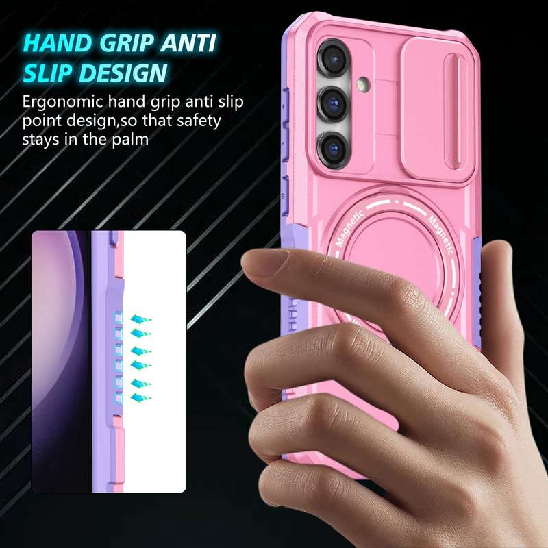 For Samsung Galaxy S23 FE 5G Sliding Camshield Magsafe Holder TPU Hybrid PC Phone Case(Pink Purple)