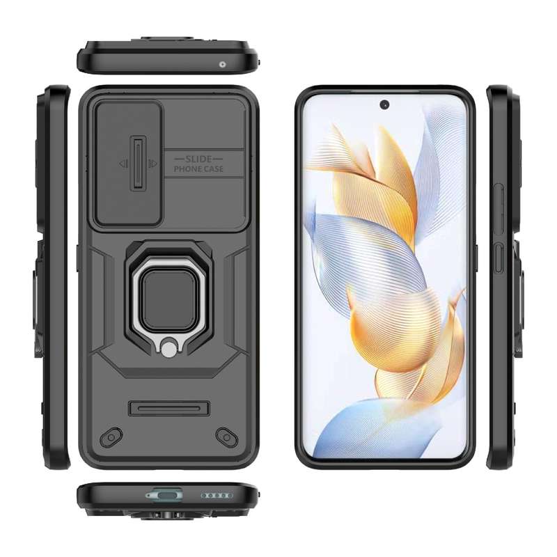 For Honor 90 5G Sliding Camshield TPU + PC Shockproof Phone Case with Holder(Blue)
