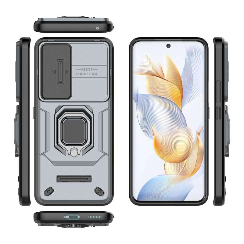 For Honor 90 5G Sliding Camshield TPU + PC Shockproof Phone Case with Holder(Blue)