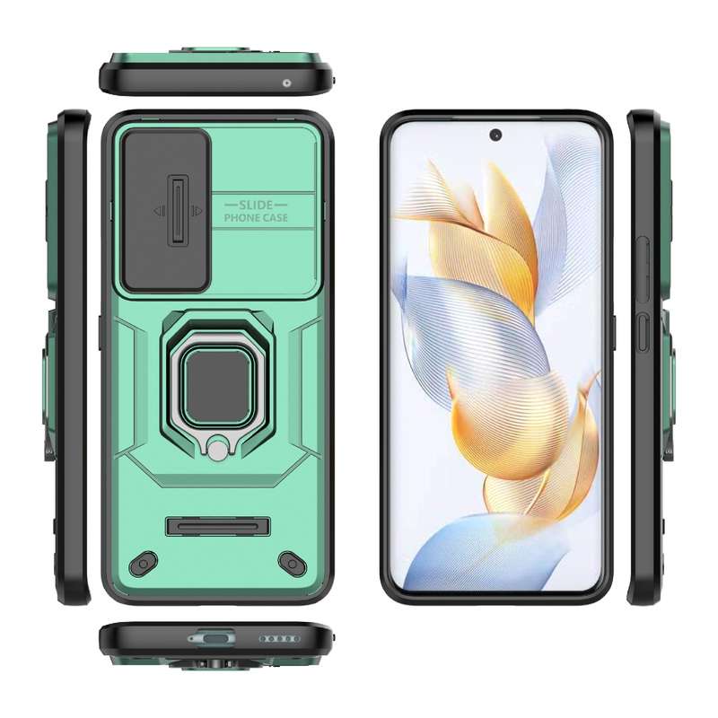 For Honor 90 5G Sliding Camshield TPU + PC Shockproof Phone Case with Holder(Blue)