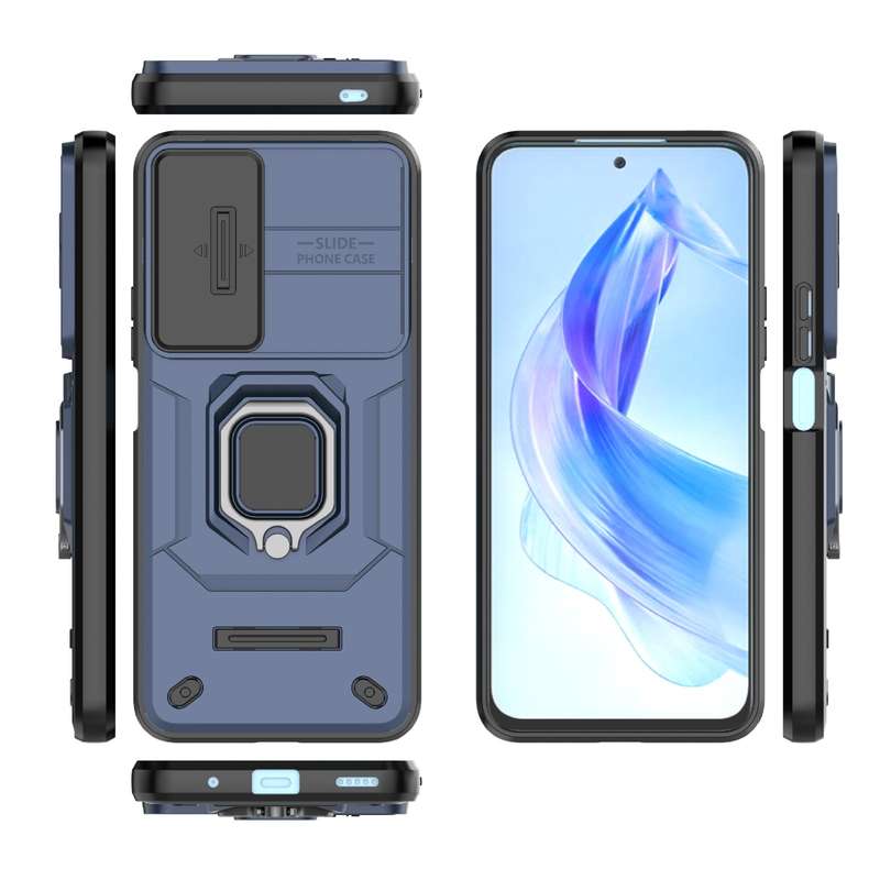 For Honor 90 5G Sliding Camshield TPU + PC Shockproof Phone Case with Holder(Blue)