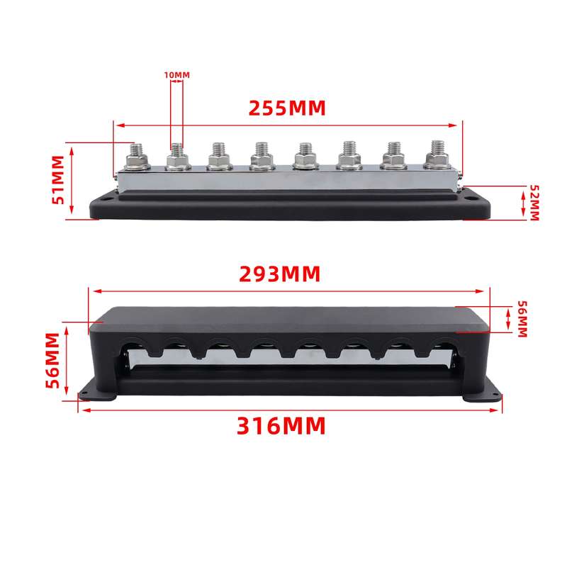 RV 600A High Current busbar 8-way Straight M10 Wiring Studs(Black)