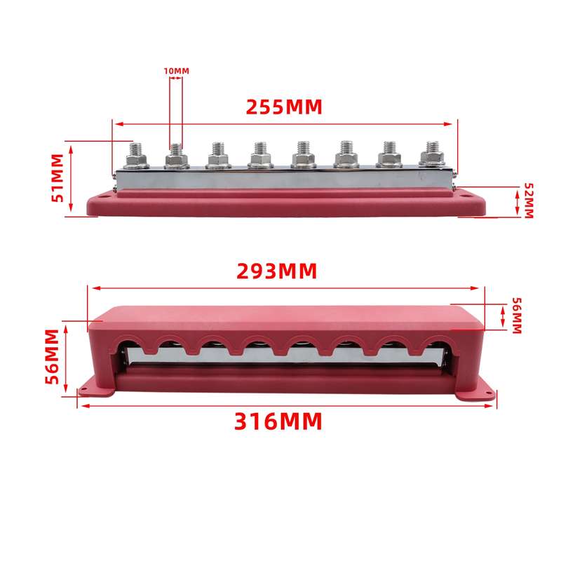 RV 600A High Current busbar 8-way Straight M10 Wiring Studs(Red)