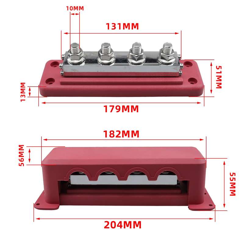 RV 600A High Current Busbar 4-way Straight M10 Wiring Studs(Red)