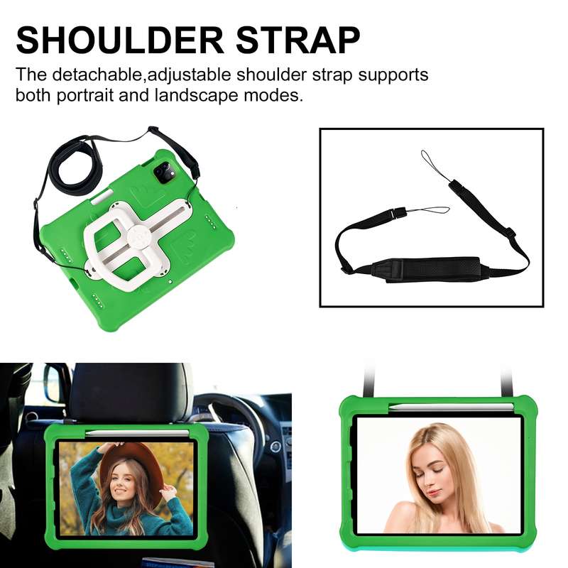 For iPad Air 11 2024 Shield 360 Rotation Handle EVA Shockproof PC Tablet Case(Green Beige)