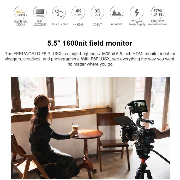 FEELWORLD F6 PLUSX 5.5 inch High Bright 1600nit Touch Screen DSLR Camera Field Monitor IPS FHD1920x1