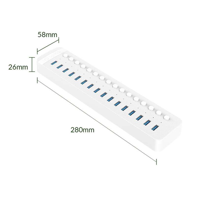 ORICO CT2U3-16AB Plastic Stripes 16 Ports USB 3.0 HUB with Individual Switches, Plug:EU Plug(White)
