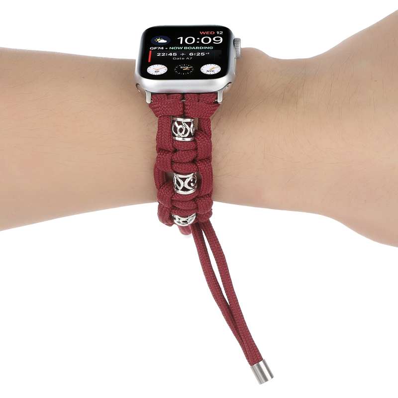 For Apple Watch Series 2 42mm Silk Silver Beads Braided Watch Band(Wine Red)