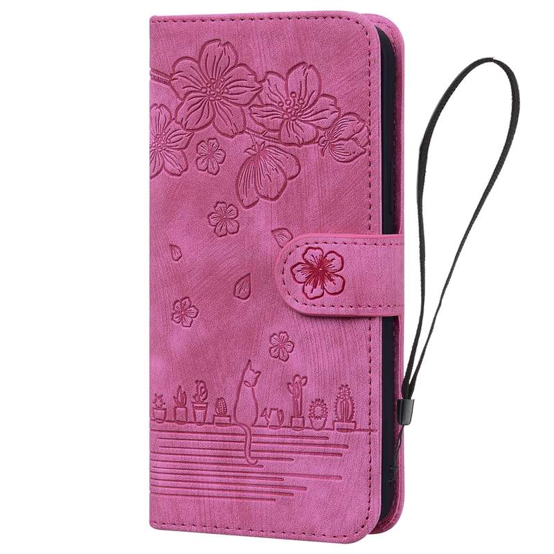 For iPhone 16 Plus Cartoon Sakura Cat Embossed Leather Phone Case(Rose Red)