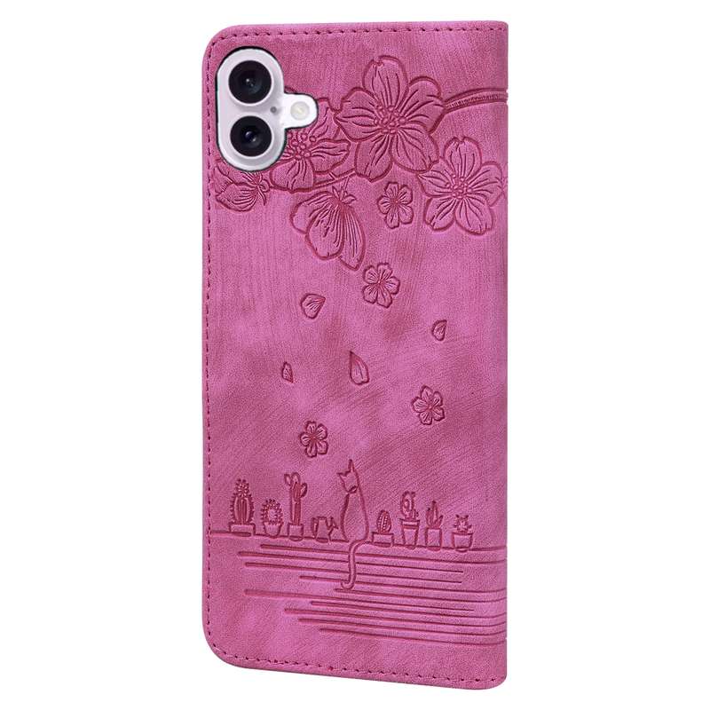 For iPhone 16 Plus Cartoon Sakura Cat Embossed Leather Phone Case(Rose Red)
