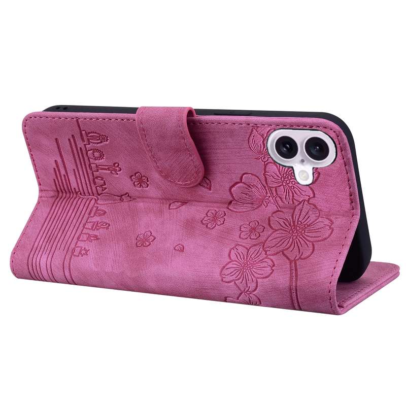 For iPhone 16 Plus Cartoon Sakura Cat Embossed Leather Phone Case(Rose Red)
