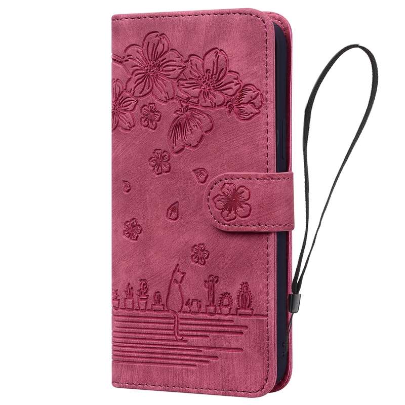 For iPhone 16 Cartoon Sakura Cat Embossed Leather Phone Case(Wine Red)