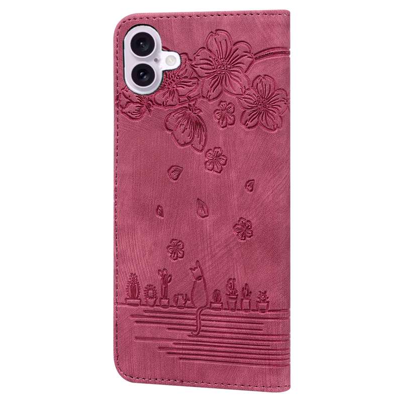 For iPhone 16 Cartoon Sakura Cat Embossed Leather Phone Case(Wine Red)