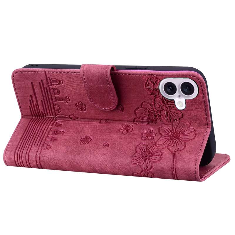 For iPhone 16 Cartoon Sakura Cat Embossed Leather Phone Case(Wine Red)