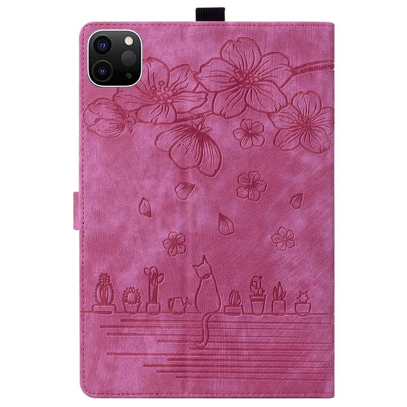 For iPad Pro 13 2024 Cartoon Sakura Cat Embossed Smart Leather Tablet Case(Rose Red)