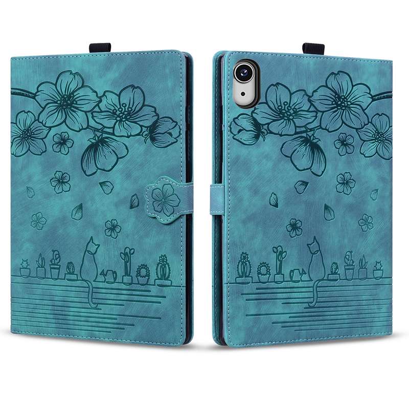 For iPad mini 6 / mini 2024 Cartoon Sakura Cat Embossed Smart Leather Tablet Case(Green)