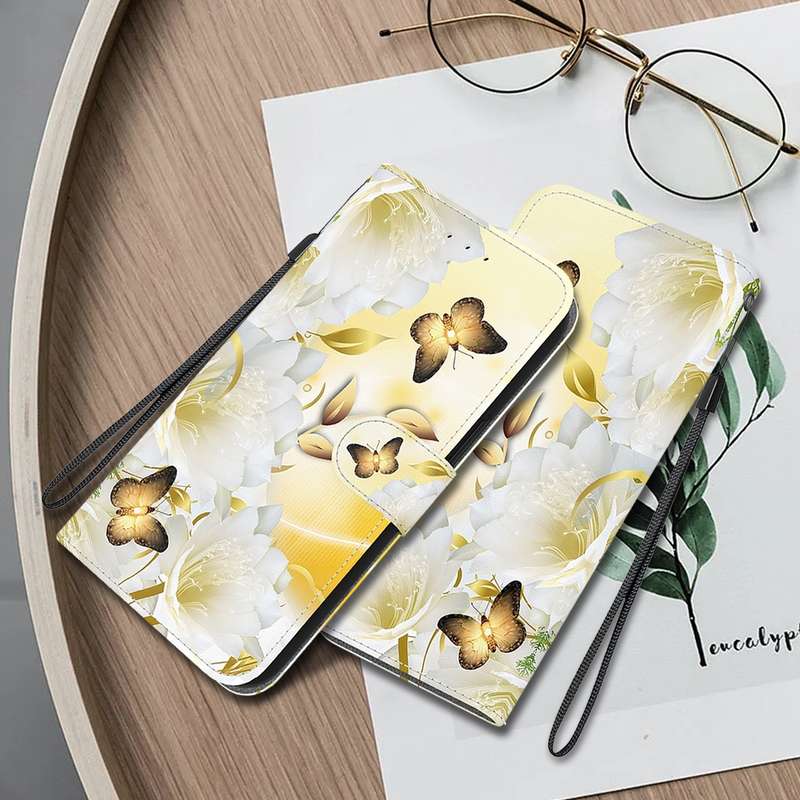 For iPhone 16 Plus Crystal Texture Colored Drawing Leather Phone Case(Gold Butterfly Epiphyllum