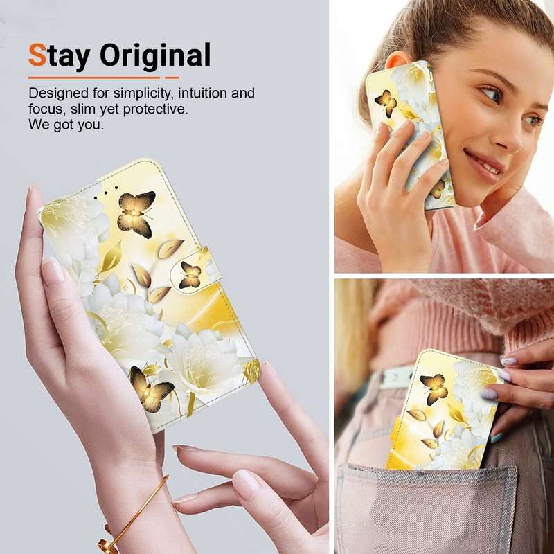 For iPhone 16 Plus Crystal Texture Colored Drawing Leather Phone Case(Gold Butterfly Epiphyllum