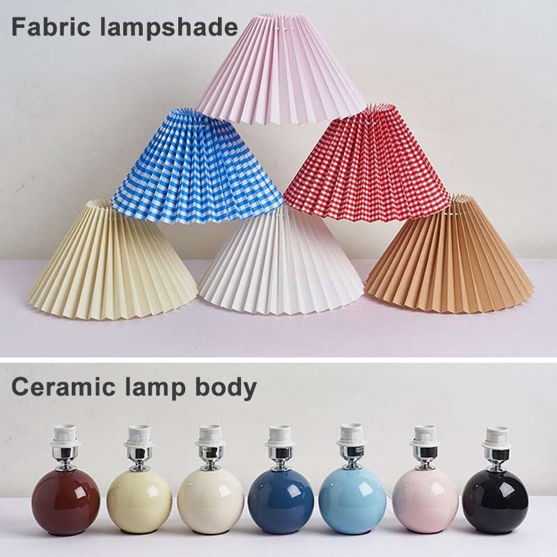Pleated Lampshade Cozy Bedside Night Light Modern Ceramic Desk Lamp 220V(Beige Body+White Cover)