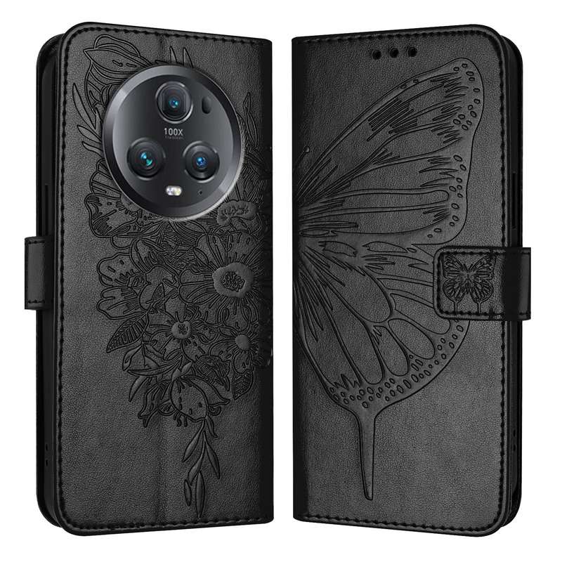 For Honor Magic5 Pro Embossed Butterfly Leather Phone Case(Black)