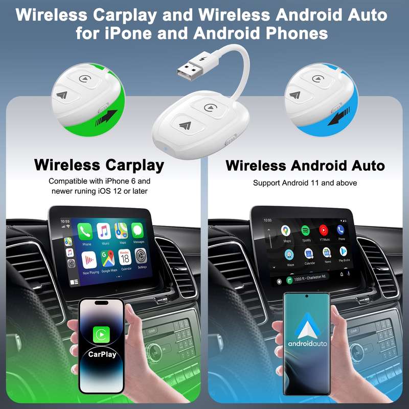THT-020-9-1 USB + USB-C / Type-C Wired to Wireless Carplay / Android Auto Adapter(White)