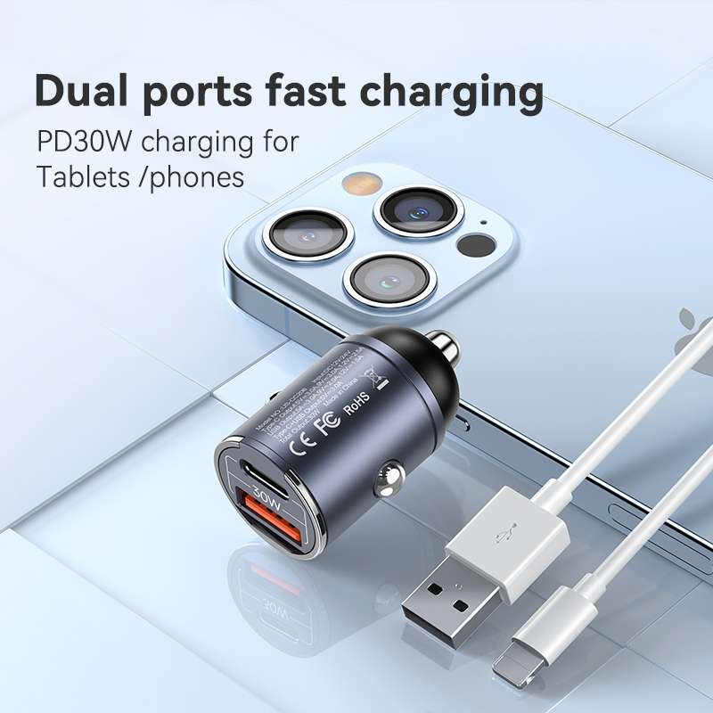 USAMS US-CC206 C38 PD30W USB + Type-C Dual Port Fast Charging Aluminum Alloy Car Charger(Tarnish)