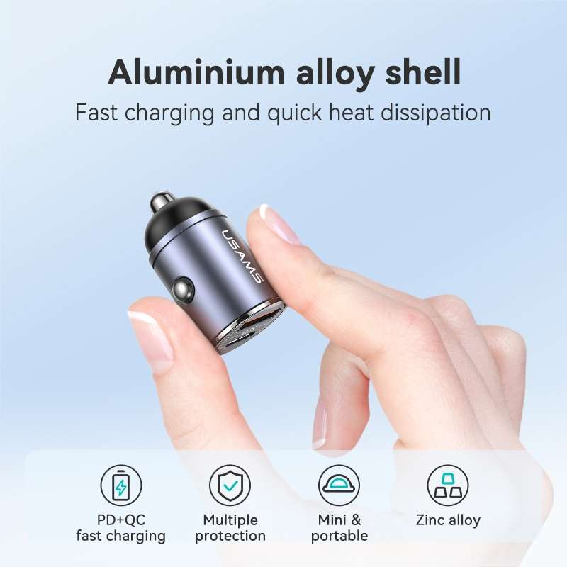 USAMS US-CC206 C38 PD30W USB + Type-C Dual Port Fast Charging Aluminum Alloy Car Charger(Tarnish)