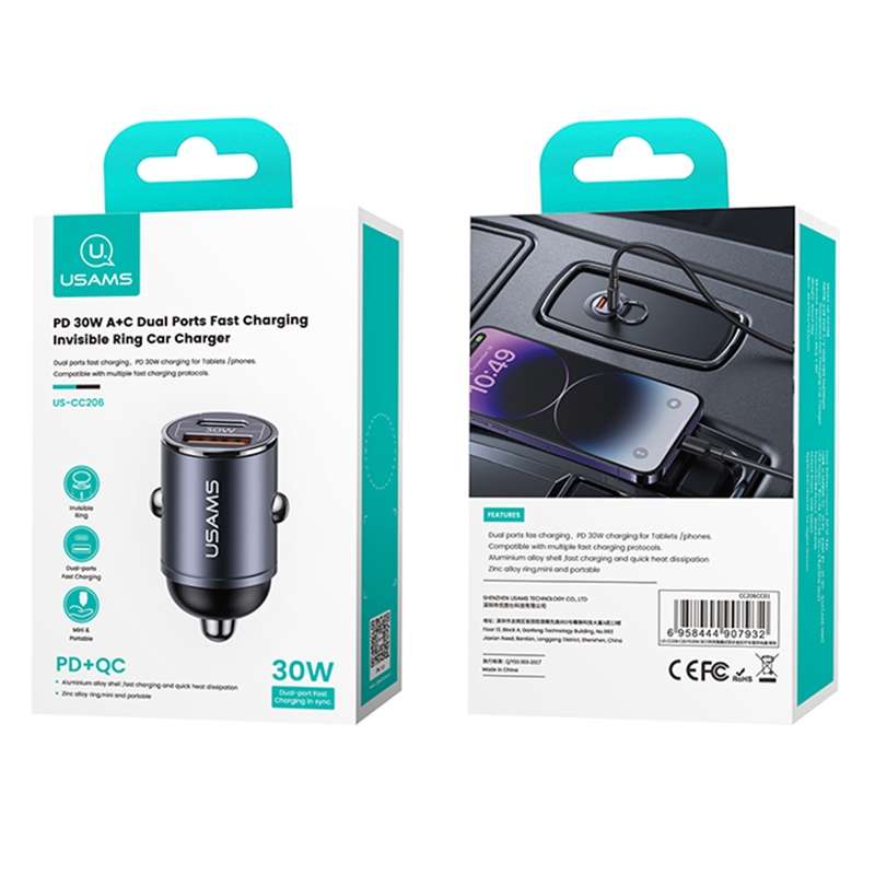 USAMS US-CC206 C38 PD30W USB + Type-C Dual Port Fast Charging Aluminum Alloy Car Charger(Tarnish)