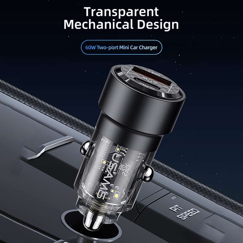 USAMS US-CC208 C39 60W USB + Type-C Dual Port Fast Charging Aluminum Alloy Transparent Car Charger(P