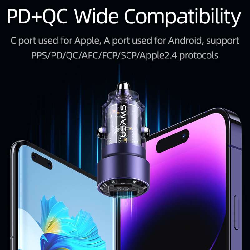 USAMS US-CC208 C39 60W USB + Type-C Dual Port Fast Charging Aluminum Alloy Transparent Car Charger(P