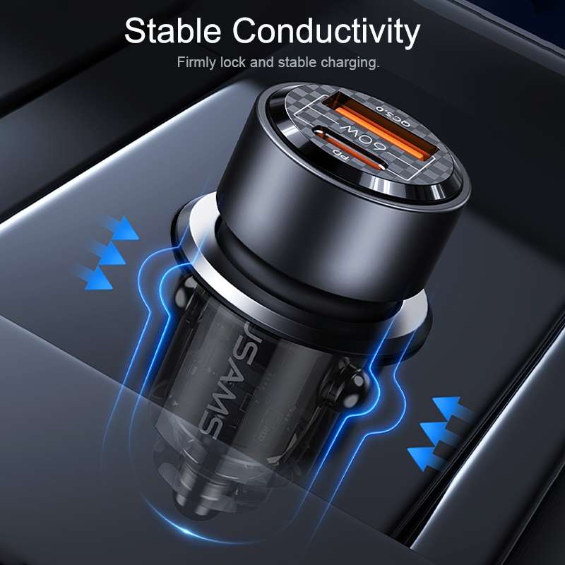 USAMS US-CC208 C39 60W USB + Type-C Dual Port Fast Charging Aluminum Alloy Transparent Car Charger(P