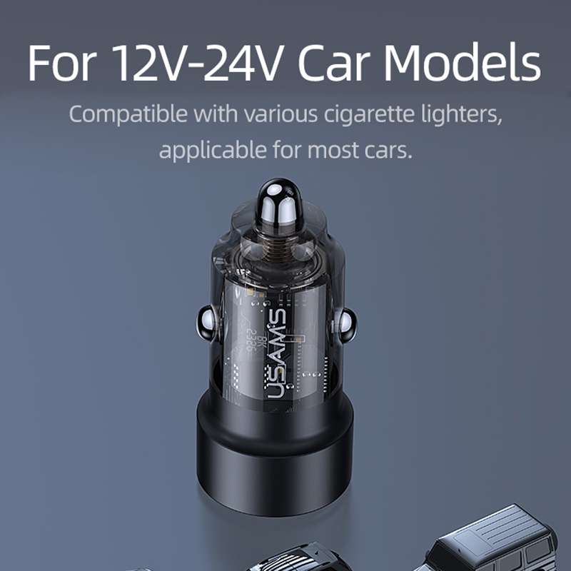 USAMS US-CC208 C39 60W USB + Type-C Dual Port Fast Charging Aluminum Alloy Transparent Car Charger(P